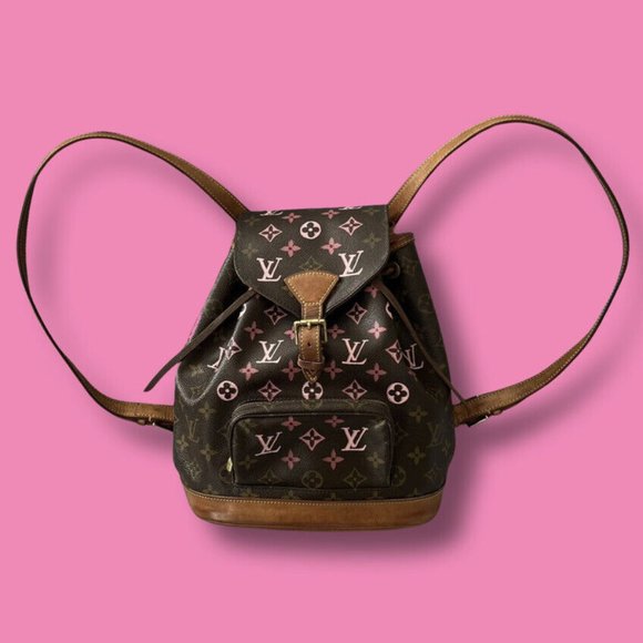 Auth Louis Vuitton LV Backpack Bag Montsouris MM Brown Monogram Pink Custom Logo - Picture 1 of 10